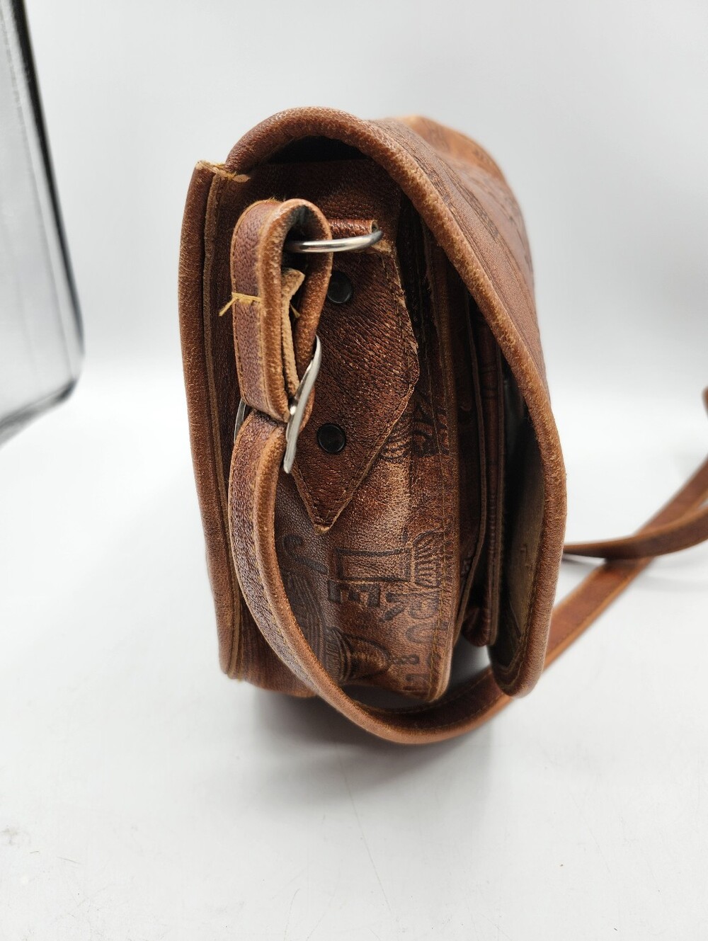 Jerusalem Embossed Leather Crossbody Vintage Bag Brown Handmade Handtooled - Picture 4 of 9